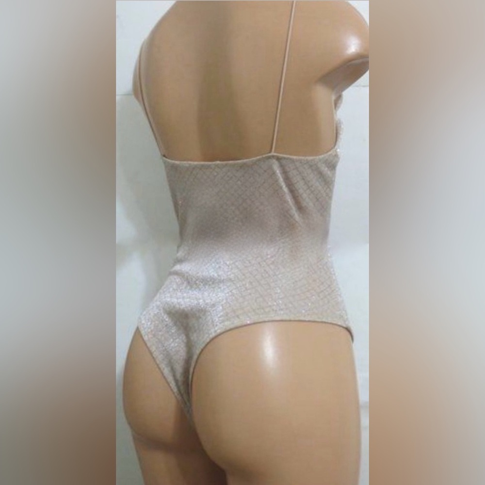 Olive Tree Blush Pink Shimmery Metallic Silver High Neck Halter Bodysuit. Size S - Picture 4 of 14